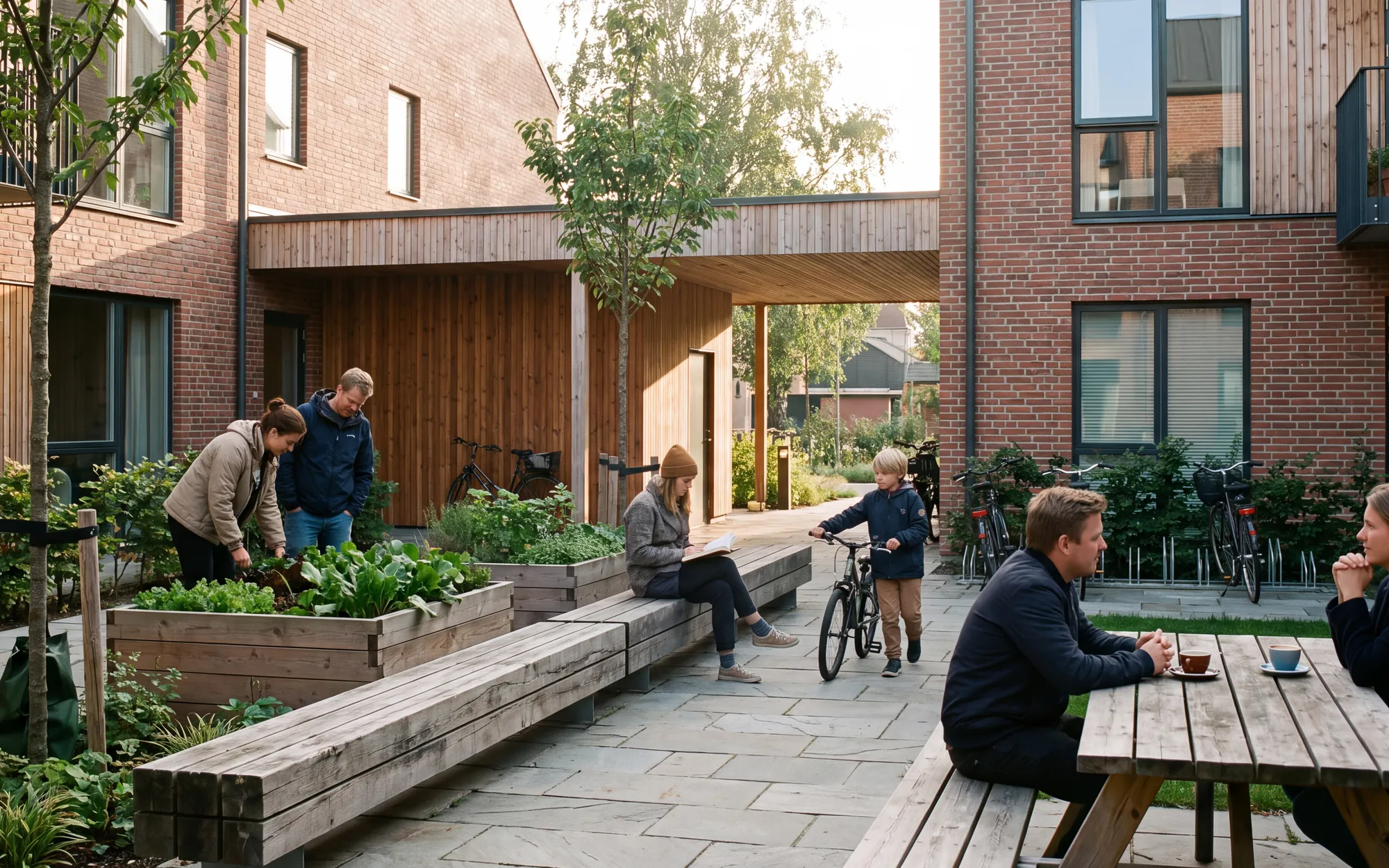 Beboere bruger fællesarealerne i en moderne boligejendom