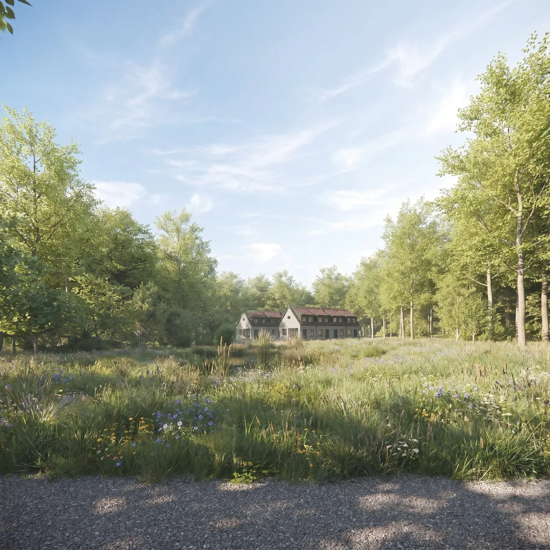 Visualisering af engarealet med bebyggelsen i baggrunden