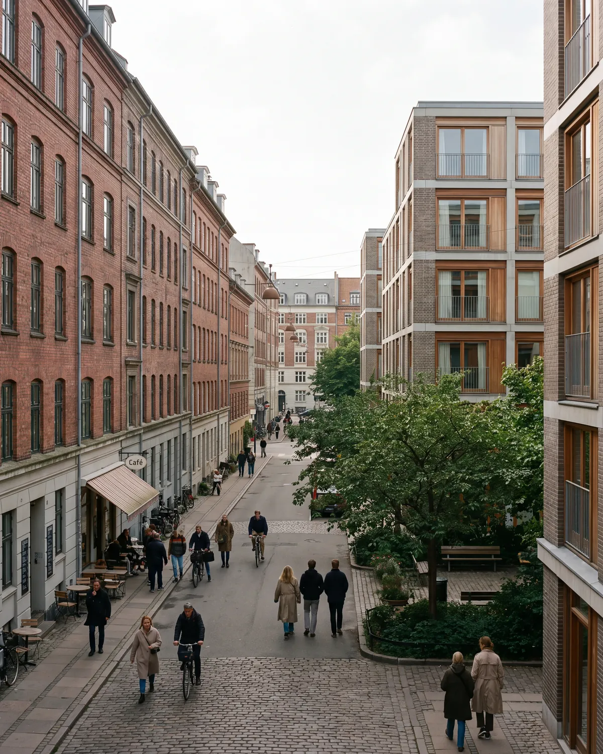 Københavnsk gaderum — ældre og nyere bebyggelse, træer og byliv