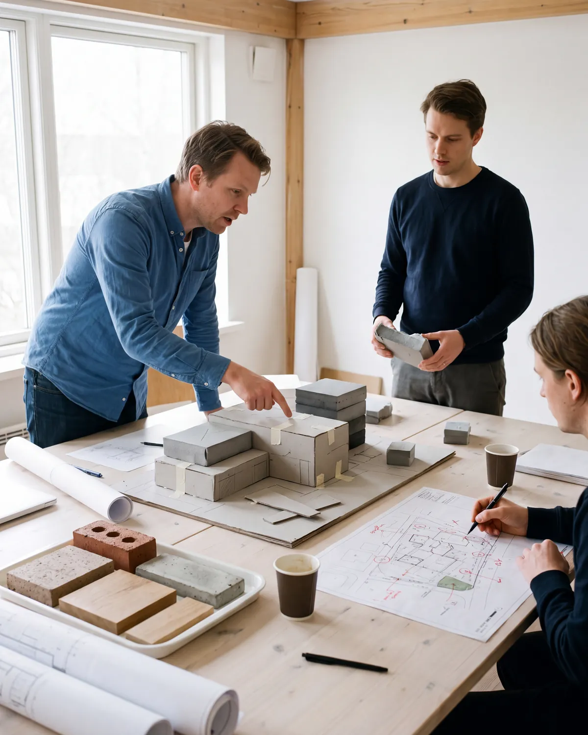 Arbejdsmodel, opmærkede tegninger og materialeprøver under udvikling